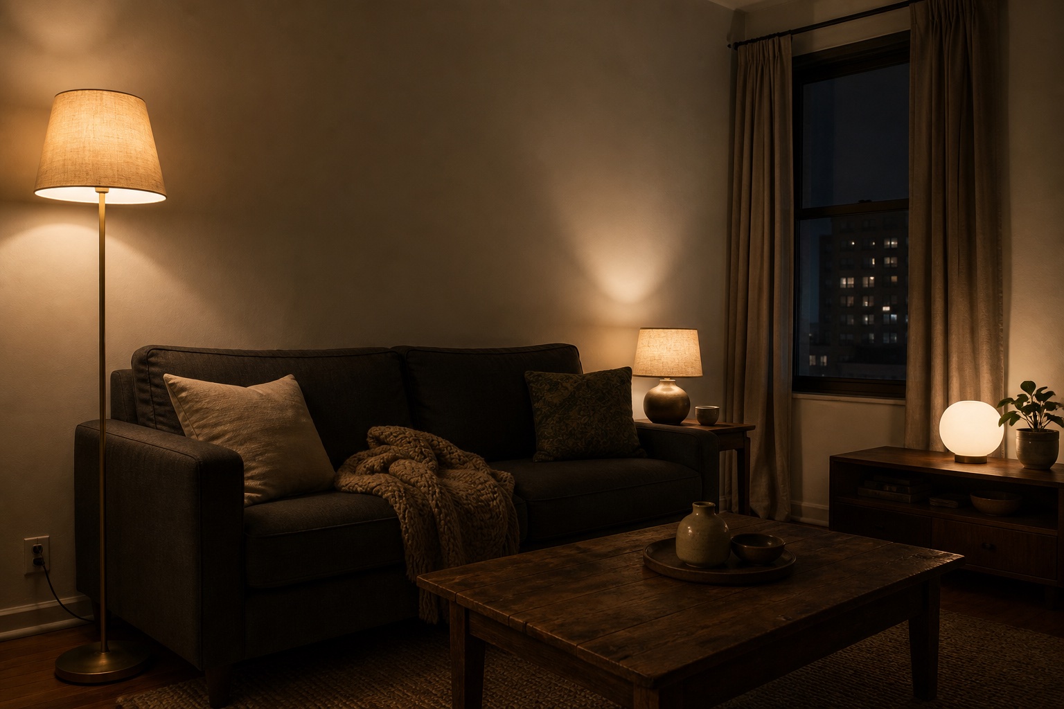 Warm, dimly lit small living room at night with a gray sofa, chunky knit throw, and layered electric lamplight