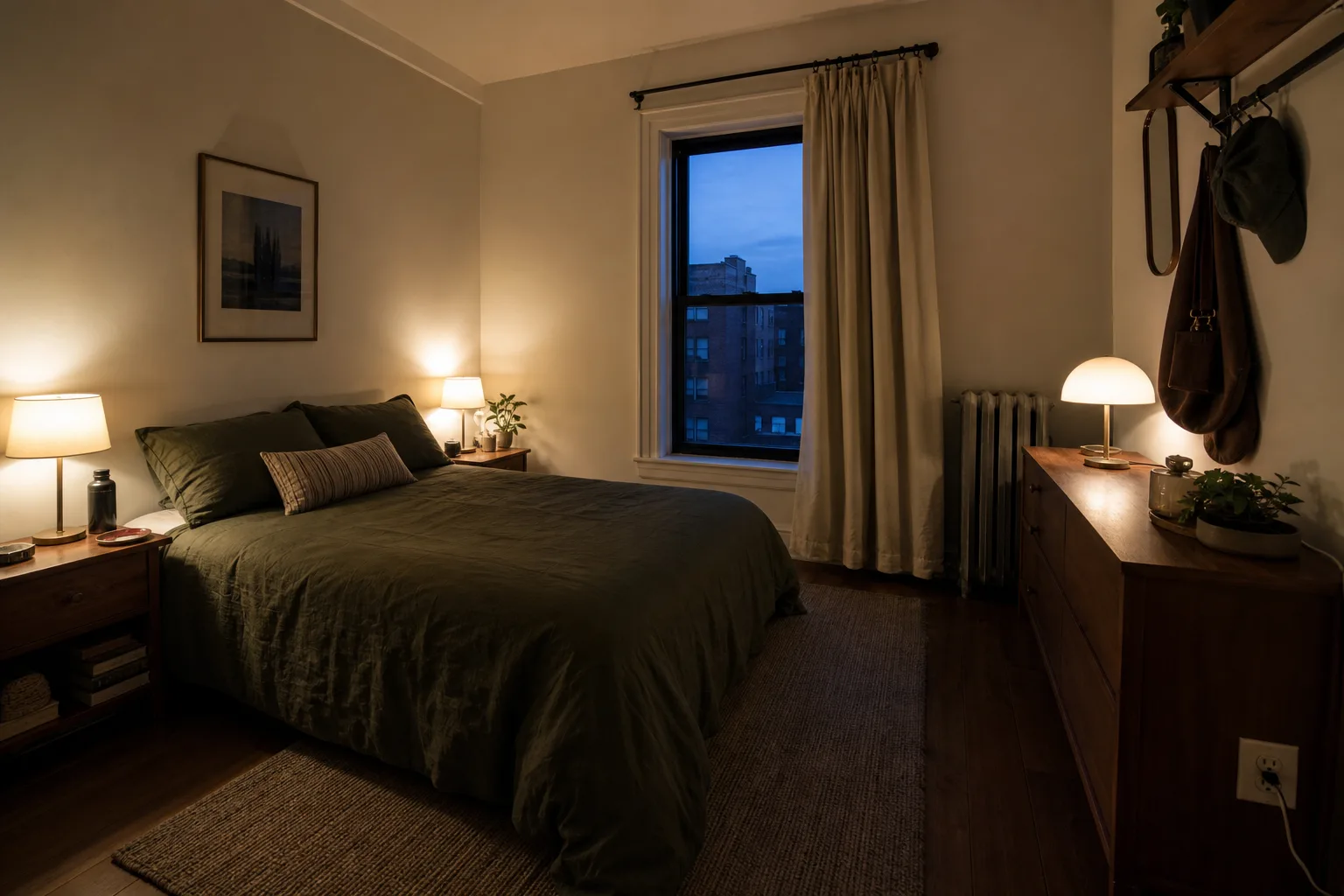 Small rental bedroom with dark olive bedding warm lamps and quiet wood furniture