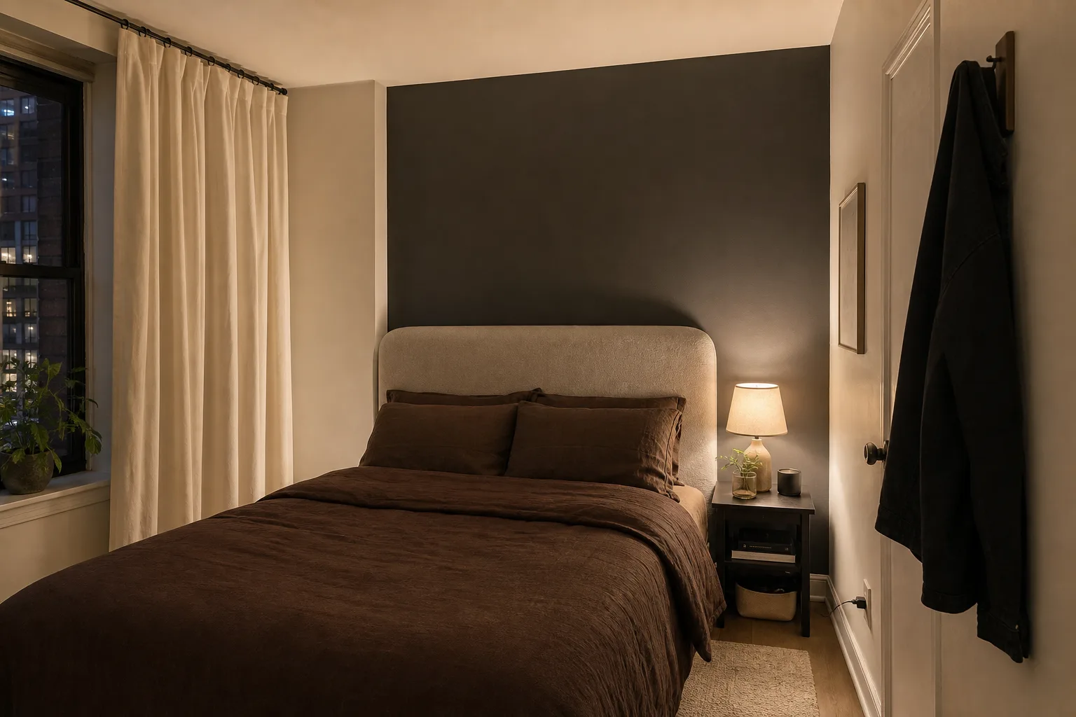 Compact bedroom with a deep brown bed against a dark wall and one warm ivory curtain