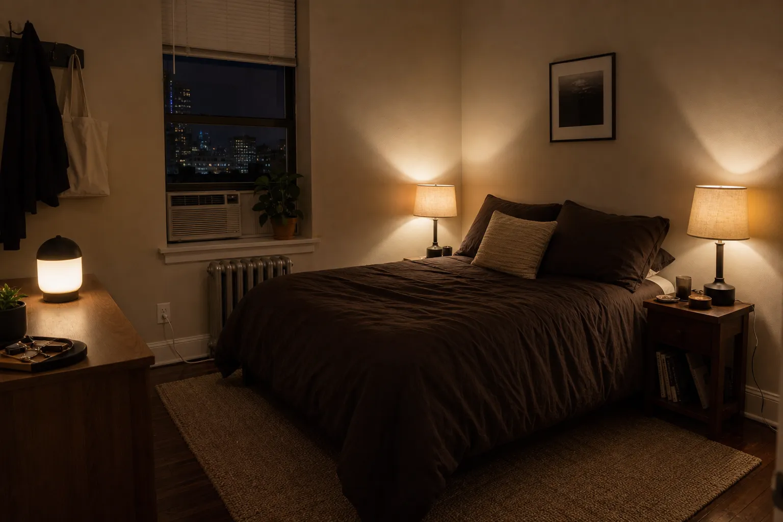 Moody rental bedroom with bedside lights and a low dresser lamp