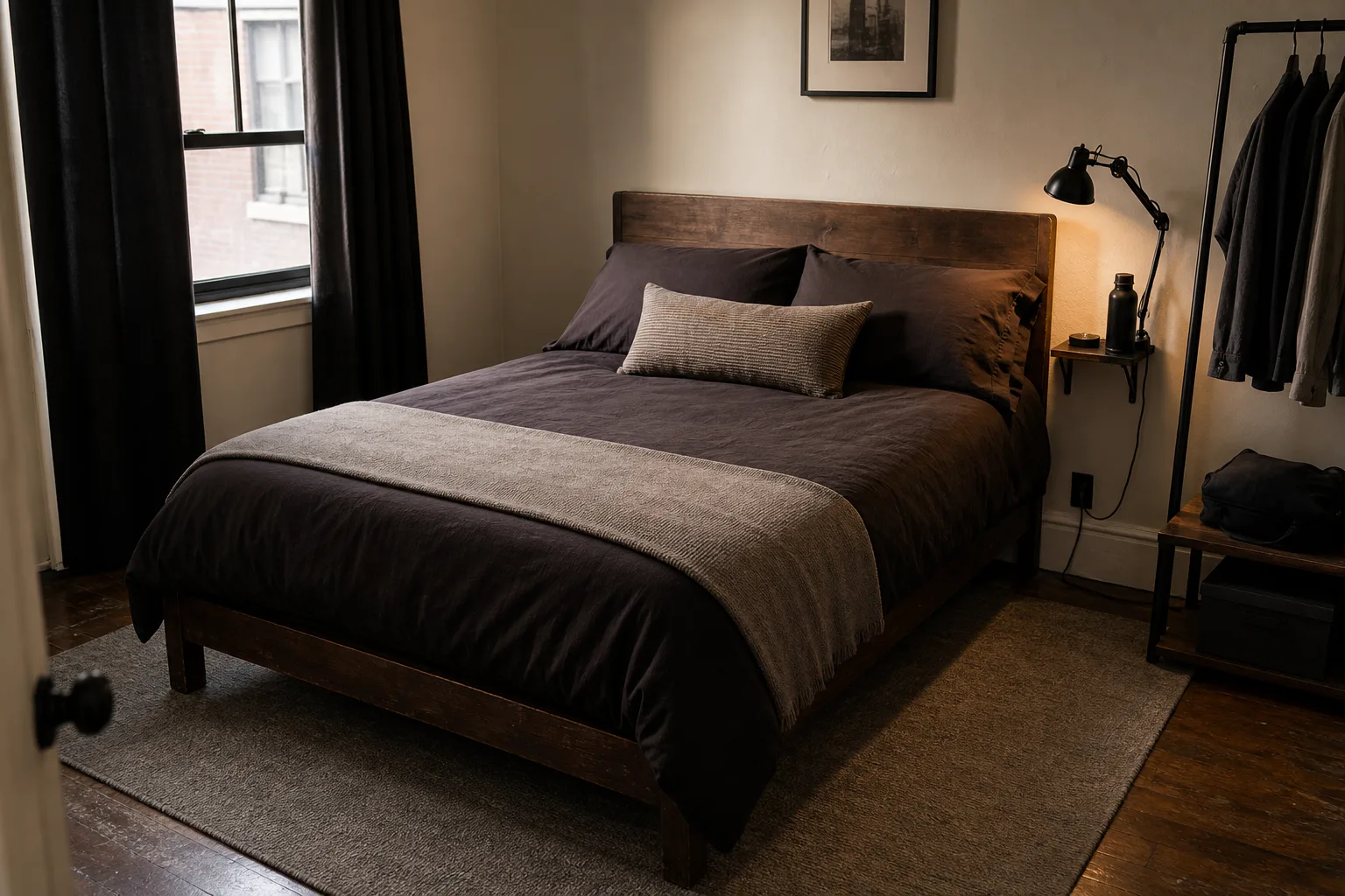 Dark layered bedding and a low-pile rug in a compact rental bedroom