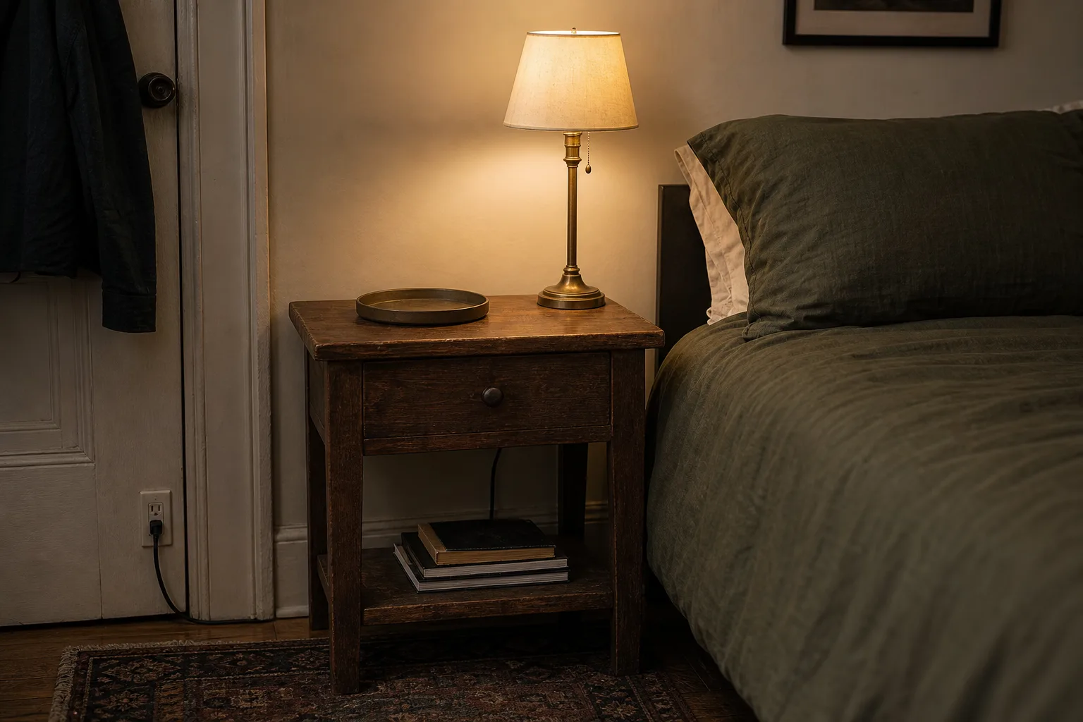 Worn wood nightstand with a small aged brass lamp in a dark bedroom