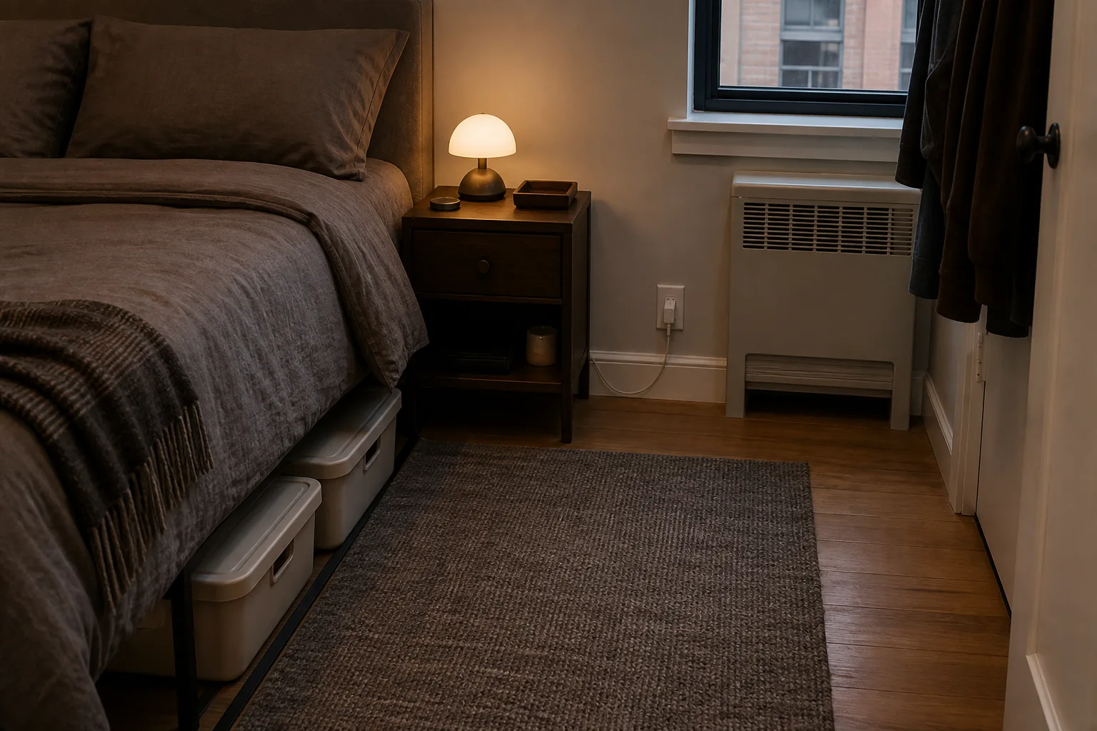 Bedroom nightstand with tidy wall-routed charging cord and closed under-bed storage
