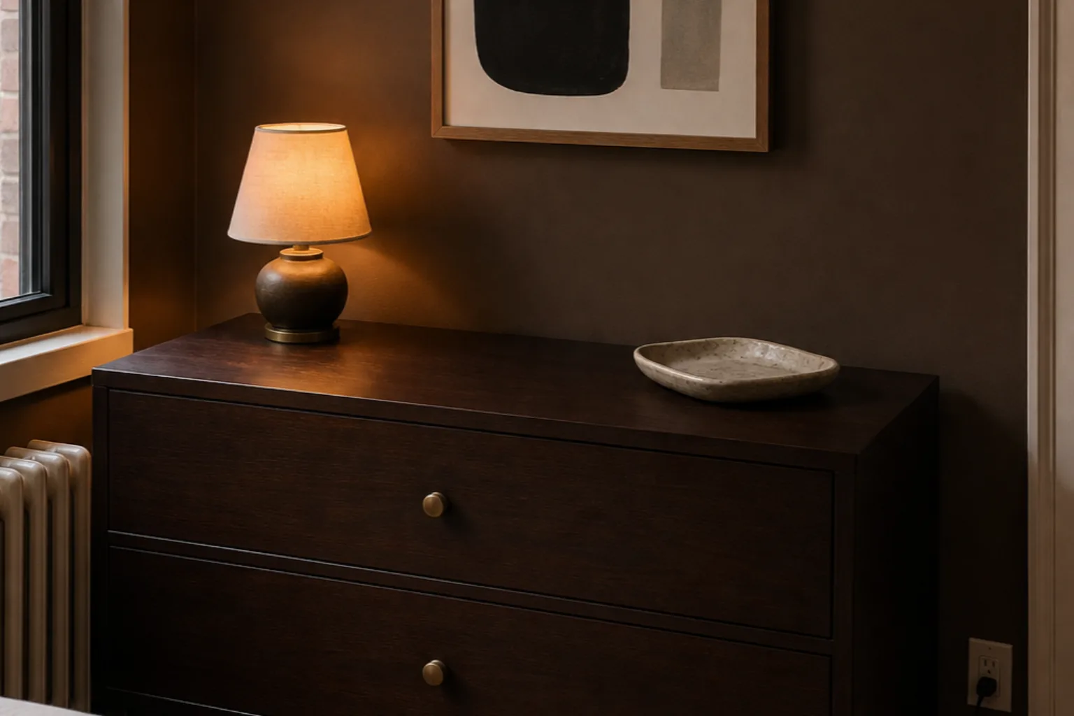 Nearly empty dark wood dresser with one lamp and shallow tray