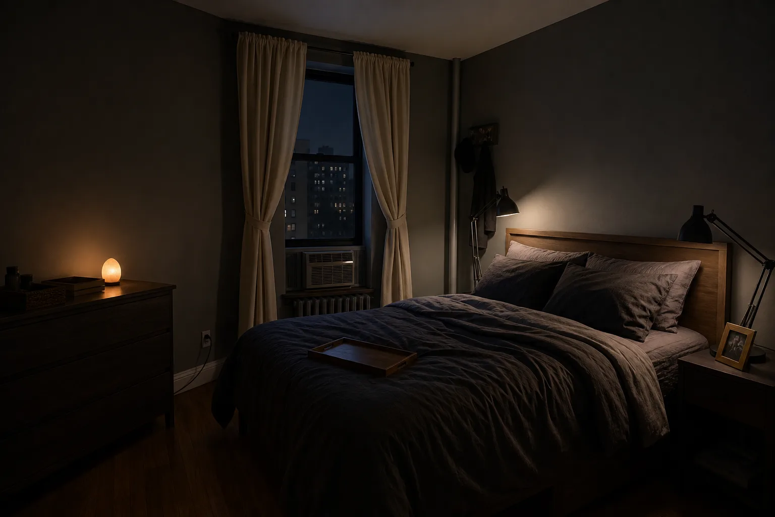 Same small bedroom edited with layered light clear floor and restrained dark palette