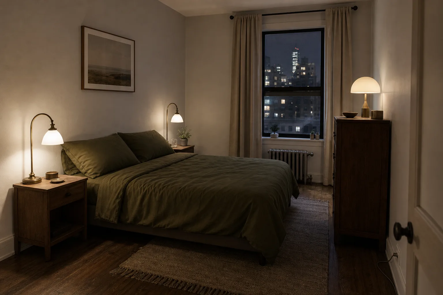 Finished moody rental bedroom at night with warm pools of light