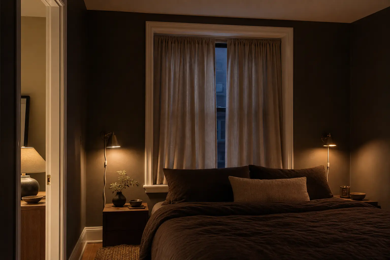 Dark cozy rental bedroom with no-drill curtains and warm plug-in bedside lights