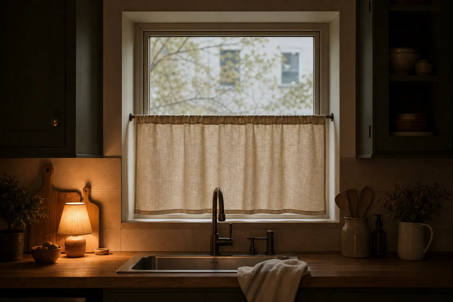 Inside-mount tension rod with a warm linen cafe curtain in a small rental kitchen