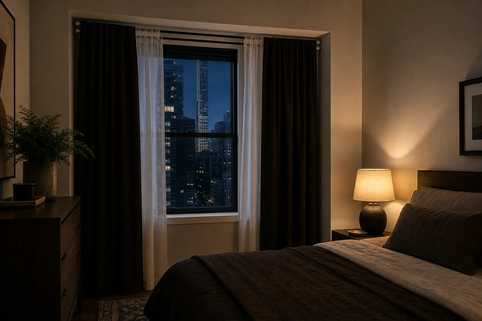 Layered sheer and dark linen-look curtains on a no-drill double rod in a rental bedroom