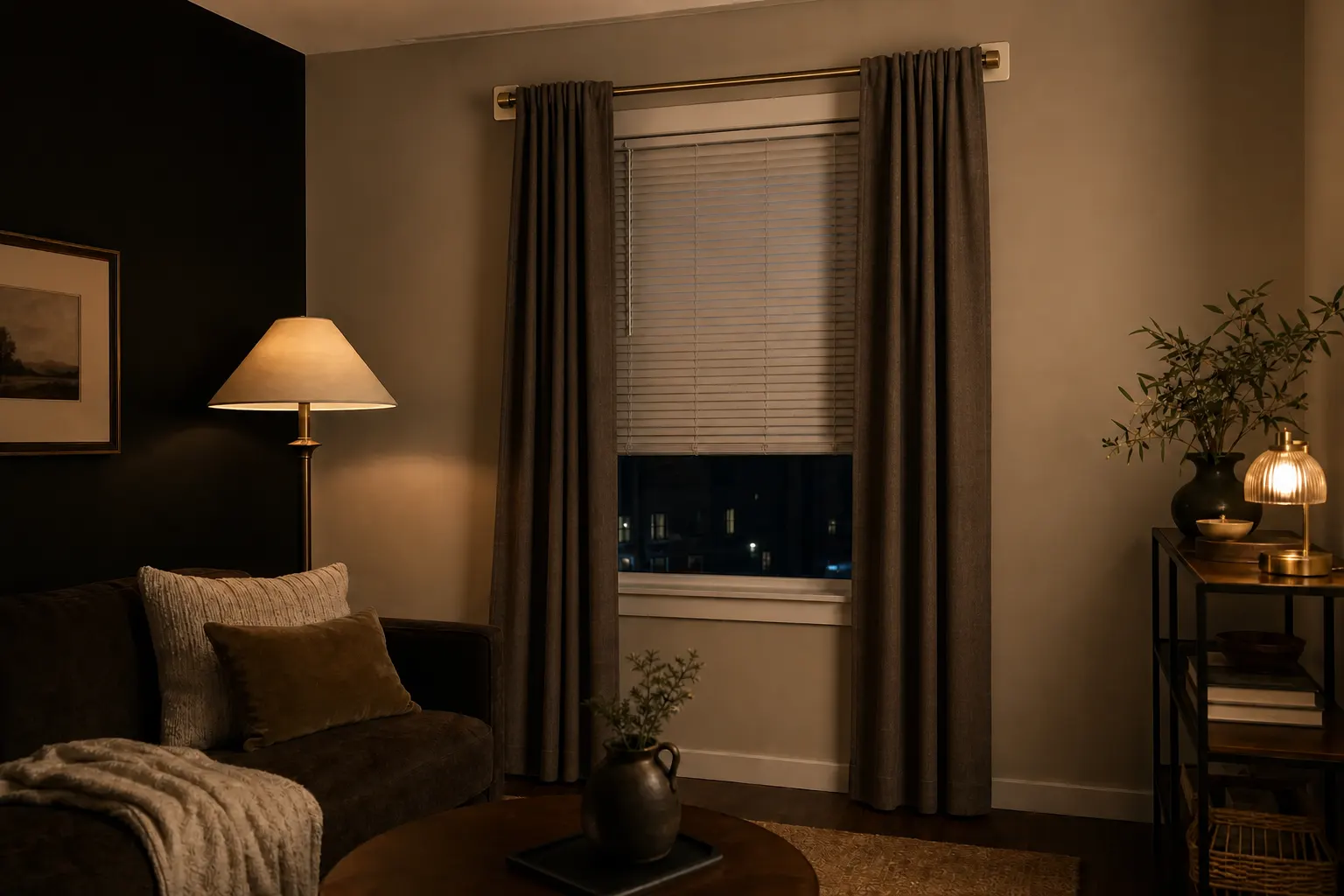 Stationary renter curtain panels framing an existing blind with removable wall hooks
