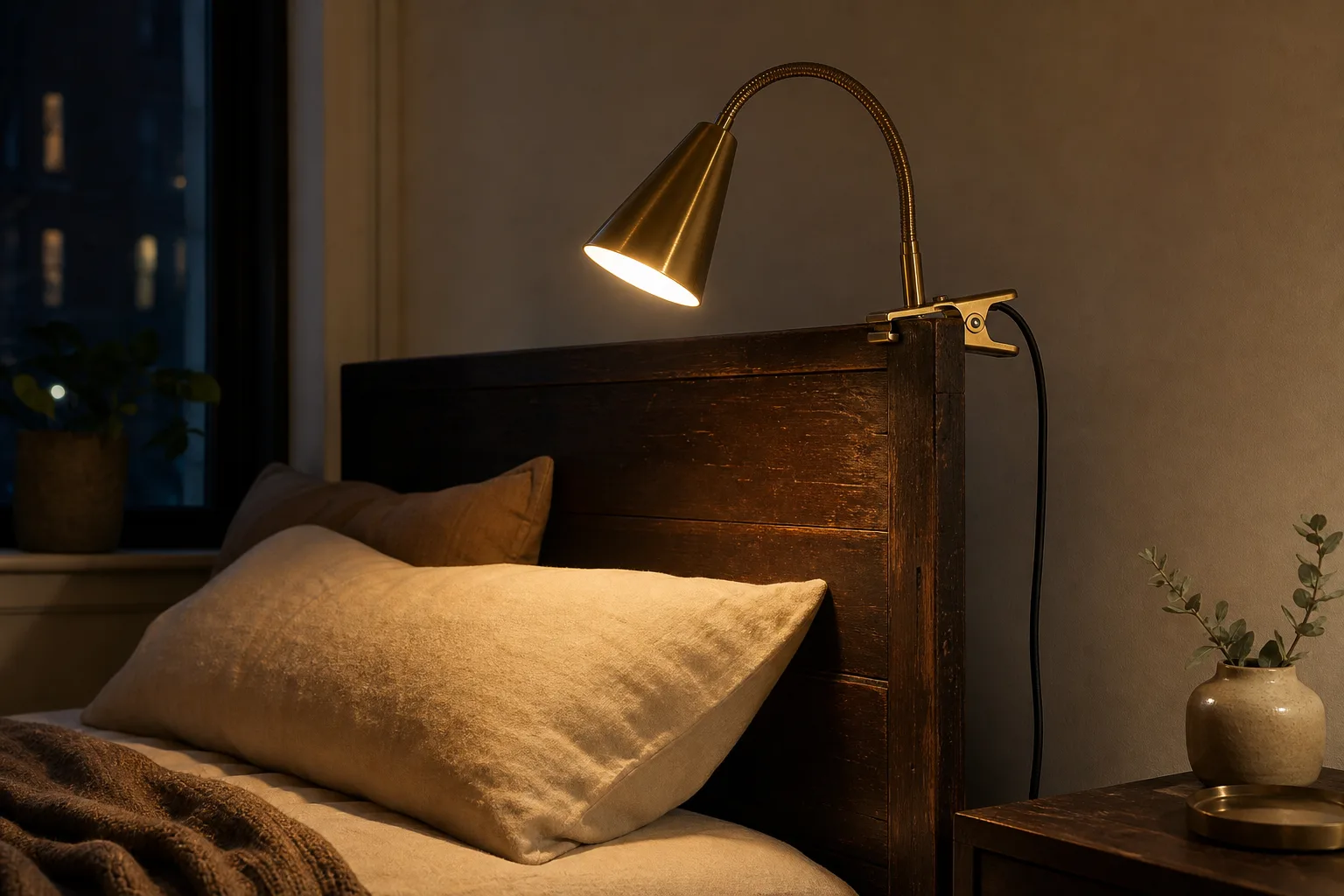 Warm plug-in clamp light attached to a renter bedroom headboard without wall damage