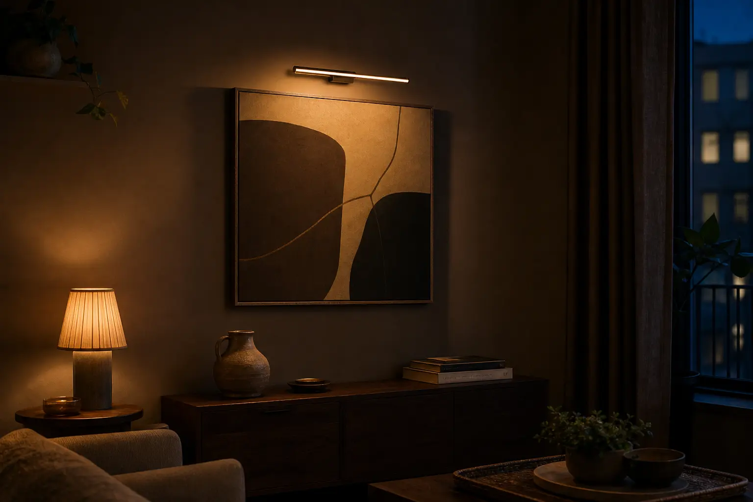 Slim rechargeable picture light above moody artwork in a renter living room
