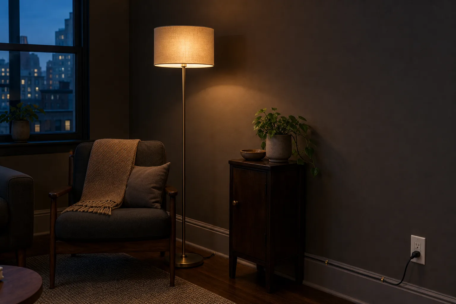 Small rental corner with a floor lamp table lamp and tidy baseboard cord routing