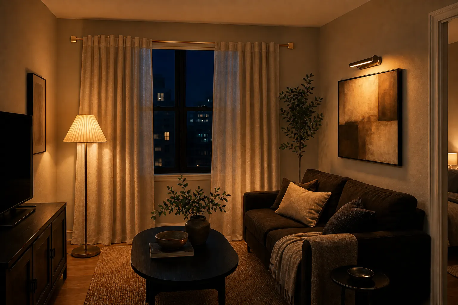 Finished small rental room at night with softly lit curtains and damage-free lighting