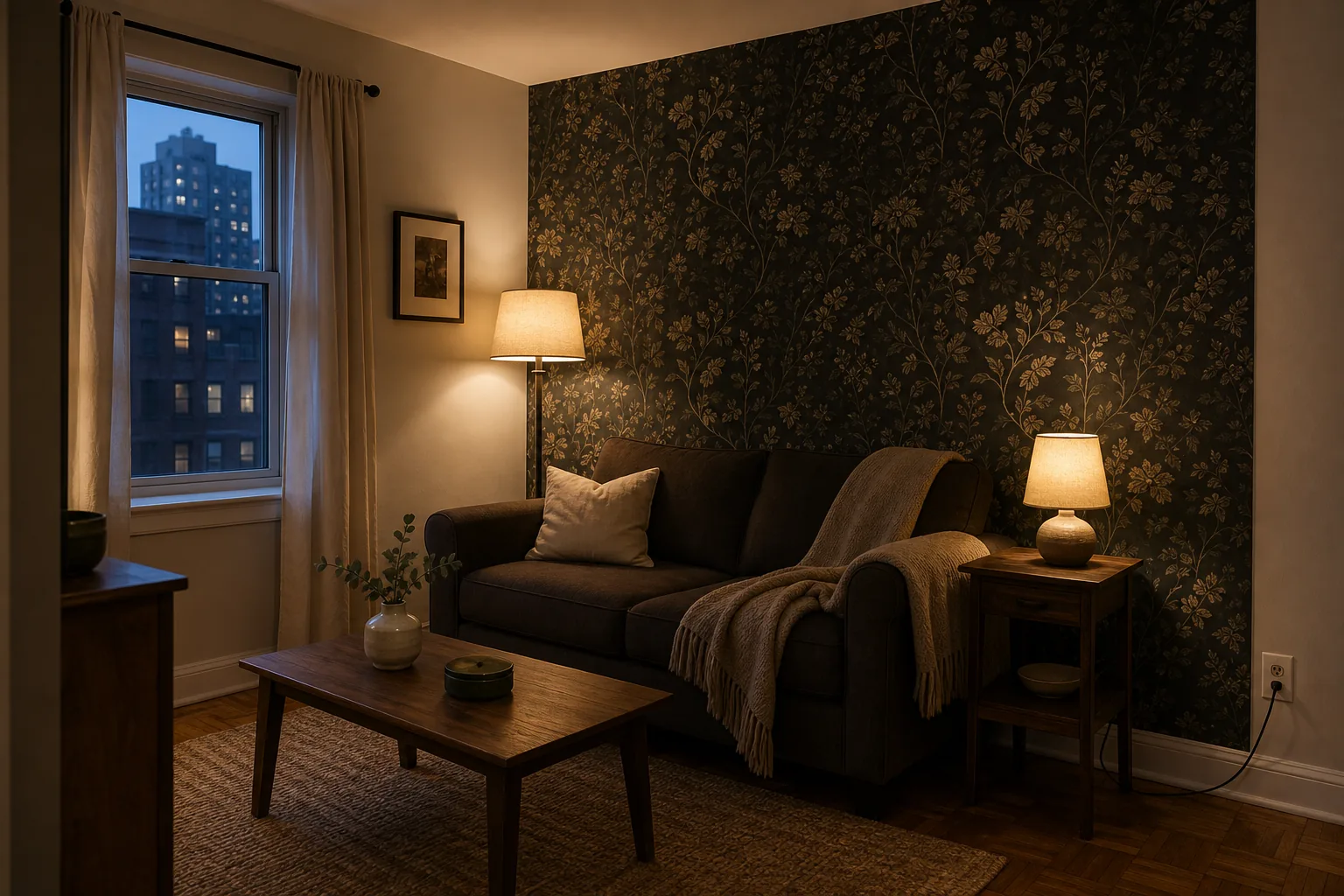 Dark cozy rental living room with one restrained peel-and-stick accent surface