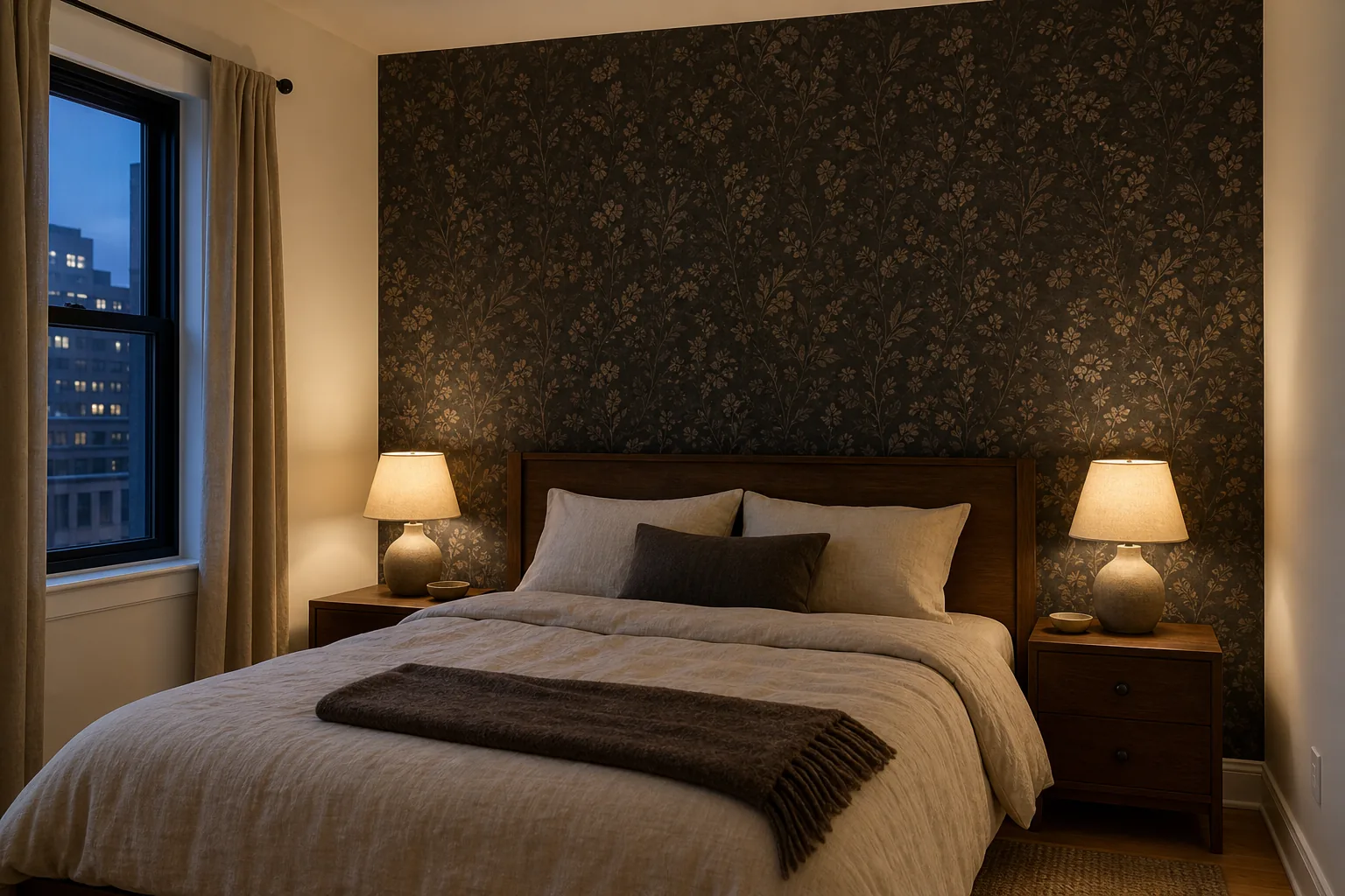 Small renter bedroom with matte charcoal botanical peel-and-stick wallpaper behind the bed