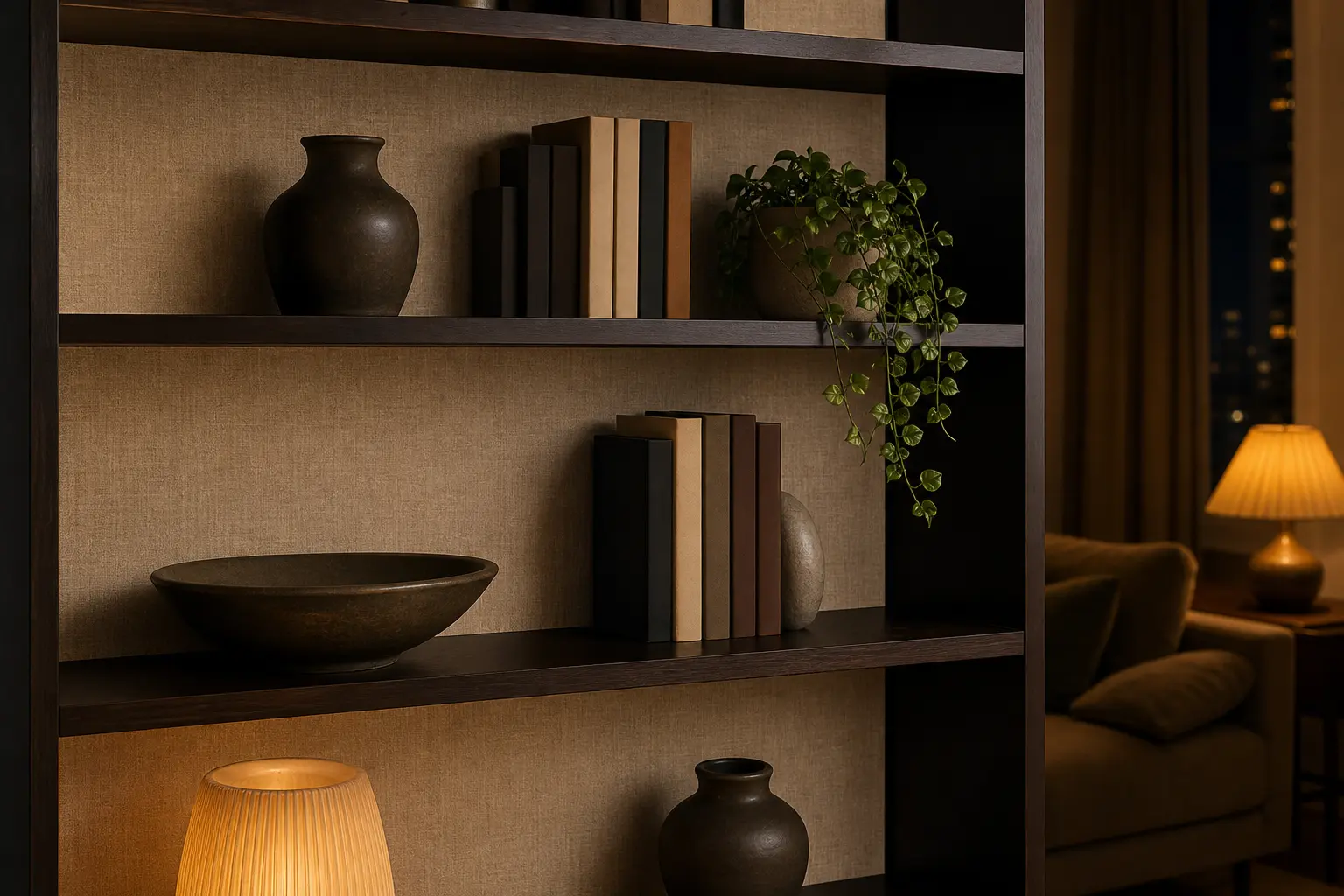 Dark wood rental shelves with warm linen-look removable backing and simple ceramics