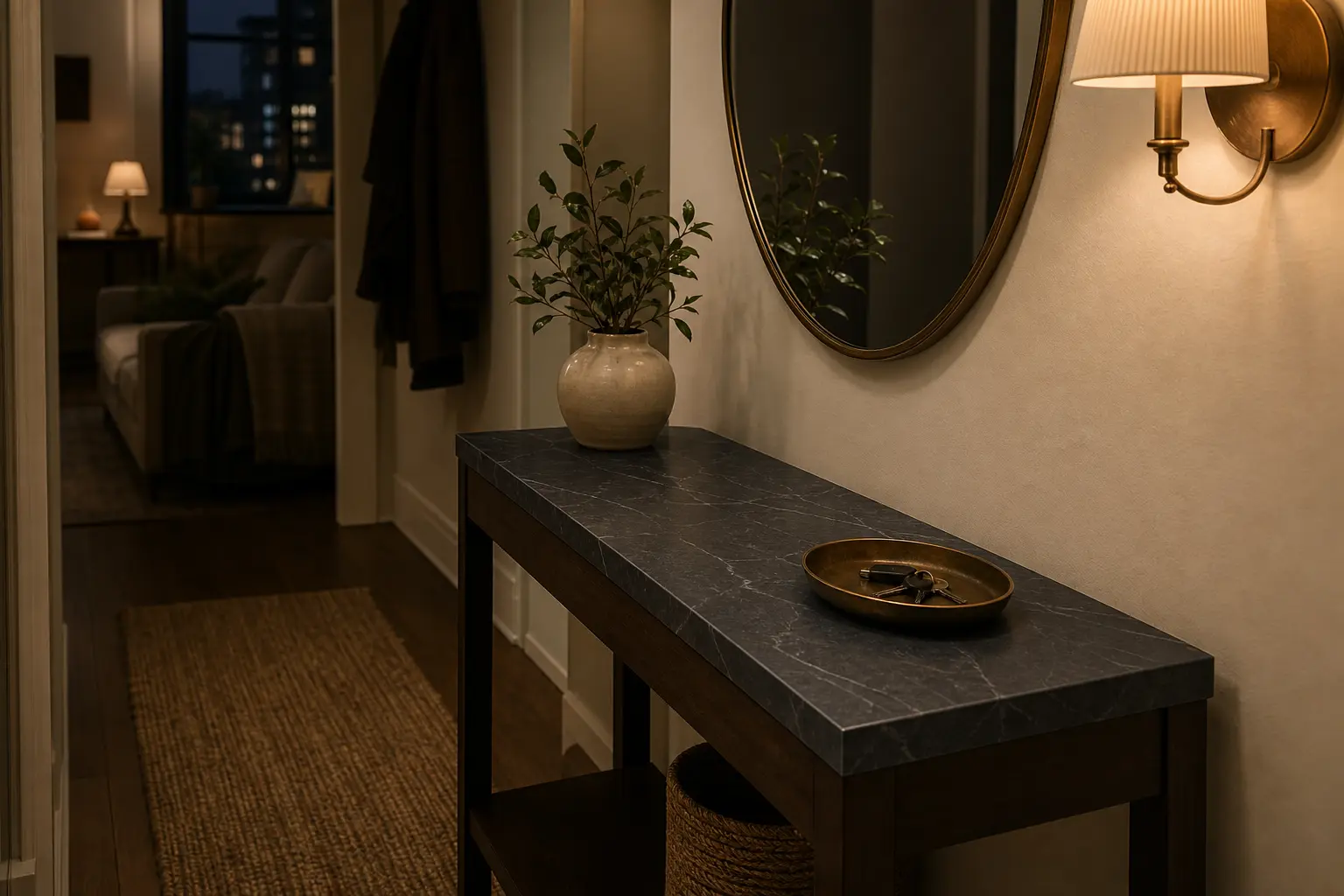 Narrow rental entry console with subtle dark stone-look removable surface film