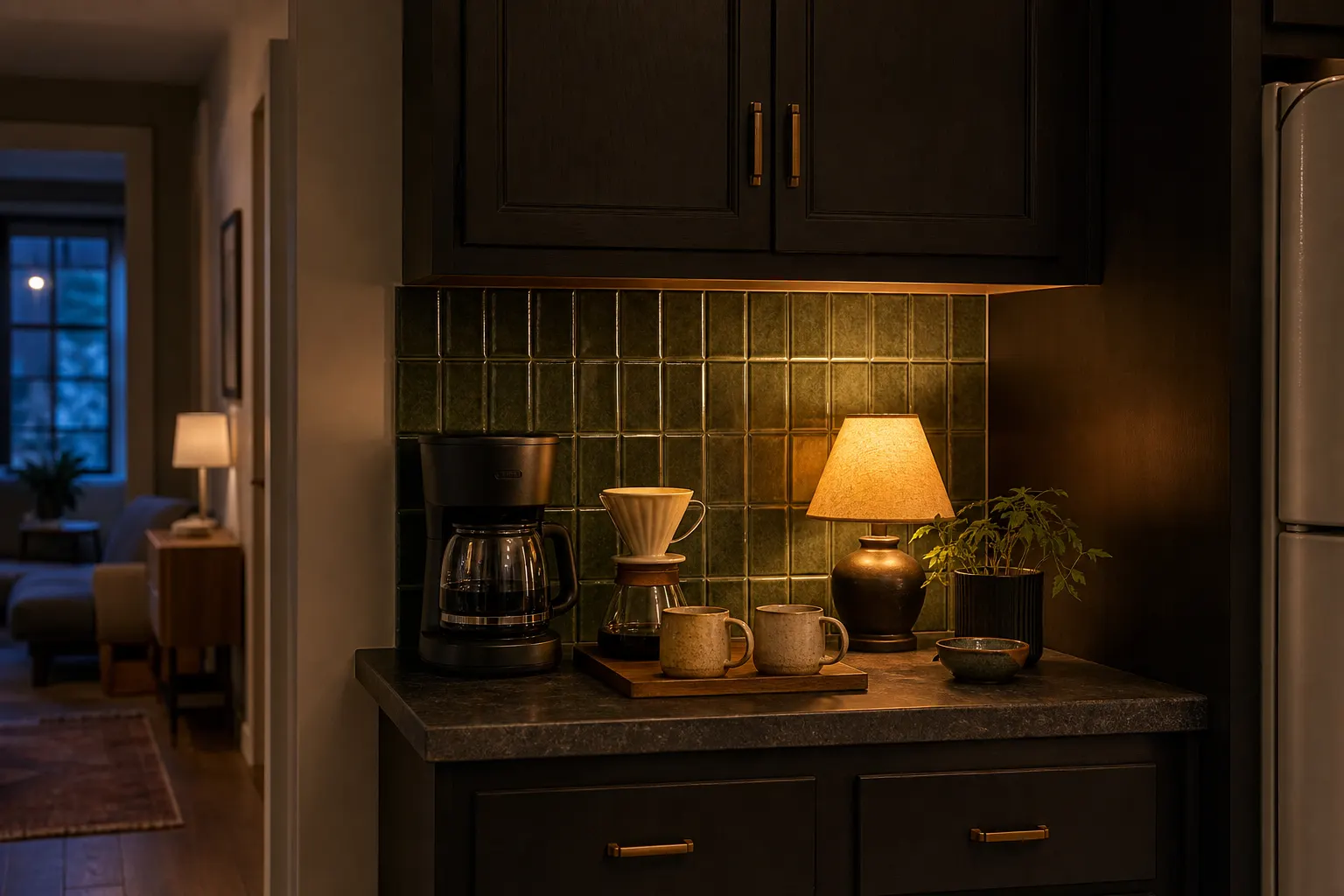 Small dark rental kitchen with dimensional peel-and-stick tile backsplash and warm counter lamp