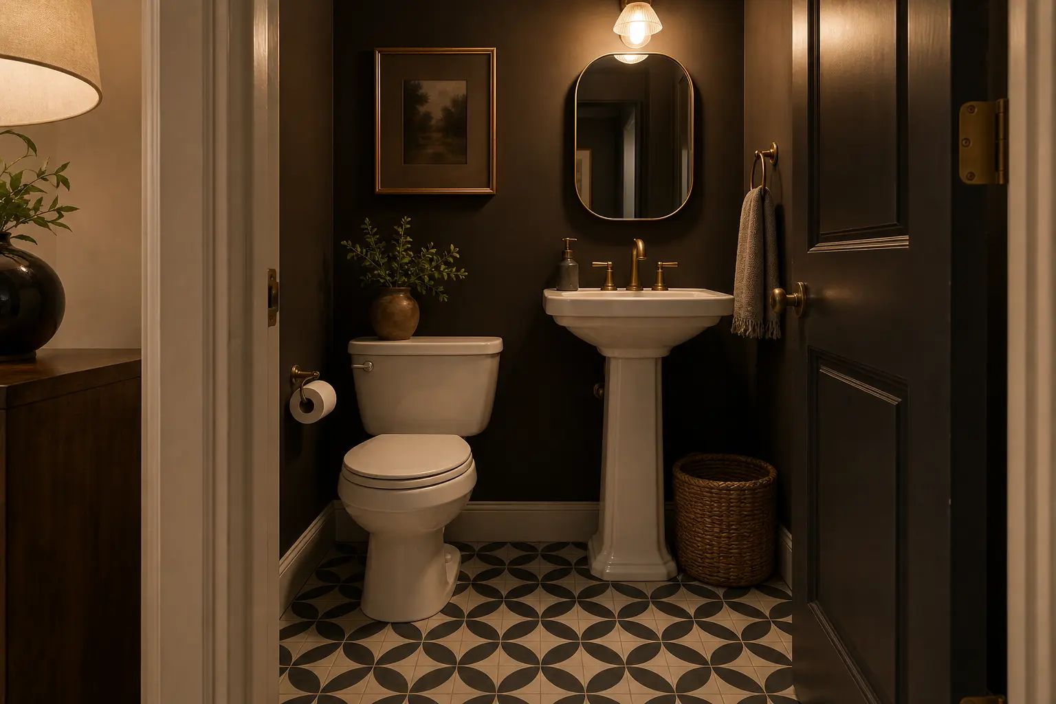 Tiny rental powder room with matte charcoal and cream peel-and-stick floor decals
