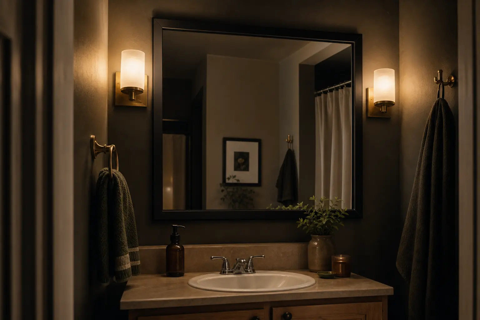 Rental bathroom mirror finished with slim matte black removable trim