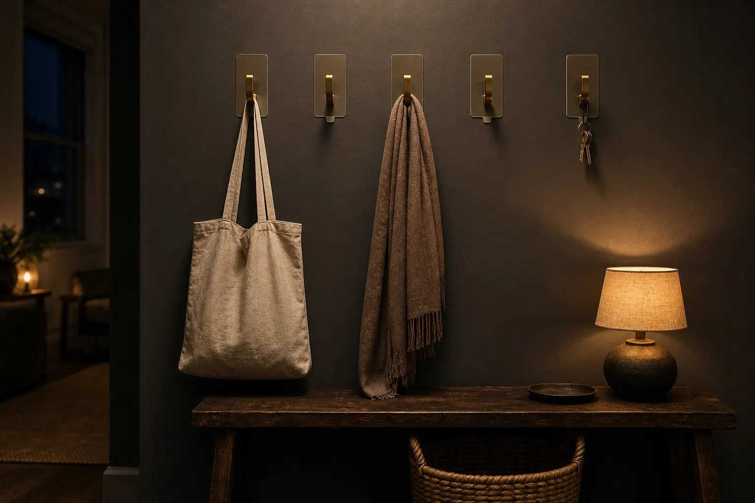 Dark rental entryway with a neat row of removable brass-tone hooks and lightweight bags