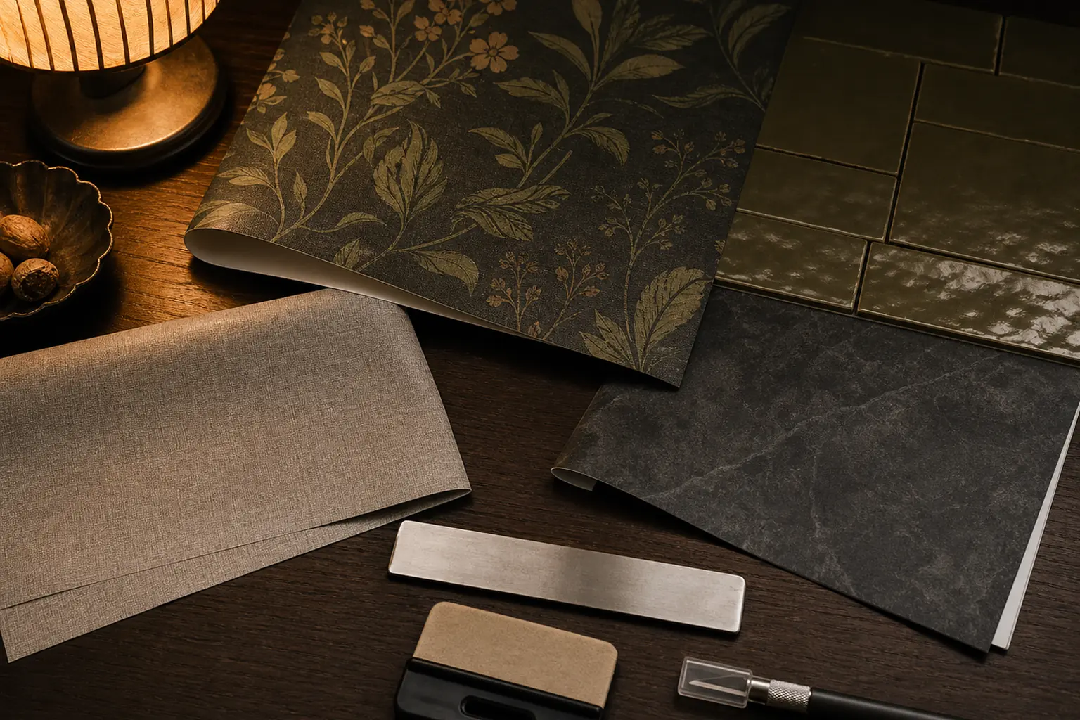 Peel-and-stick wallpaper tile and contact paper samples compared under warm lamplight