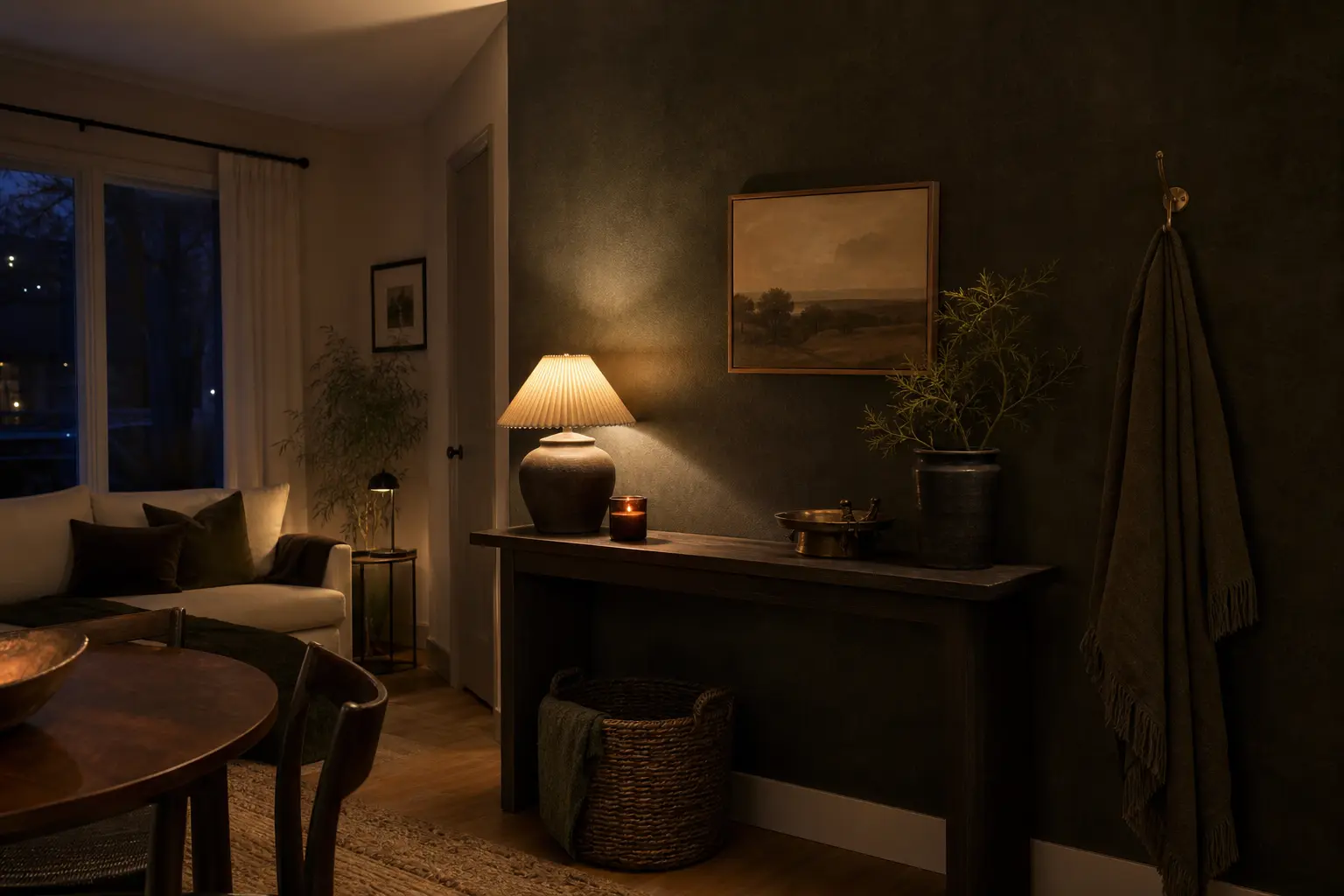 Finished dark cozy rental corner with subtle removable wall finish warm lamp and clean edges