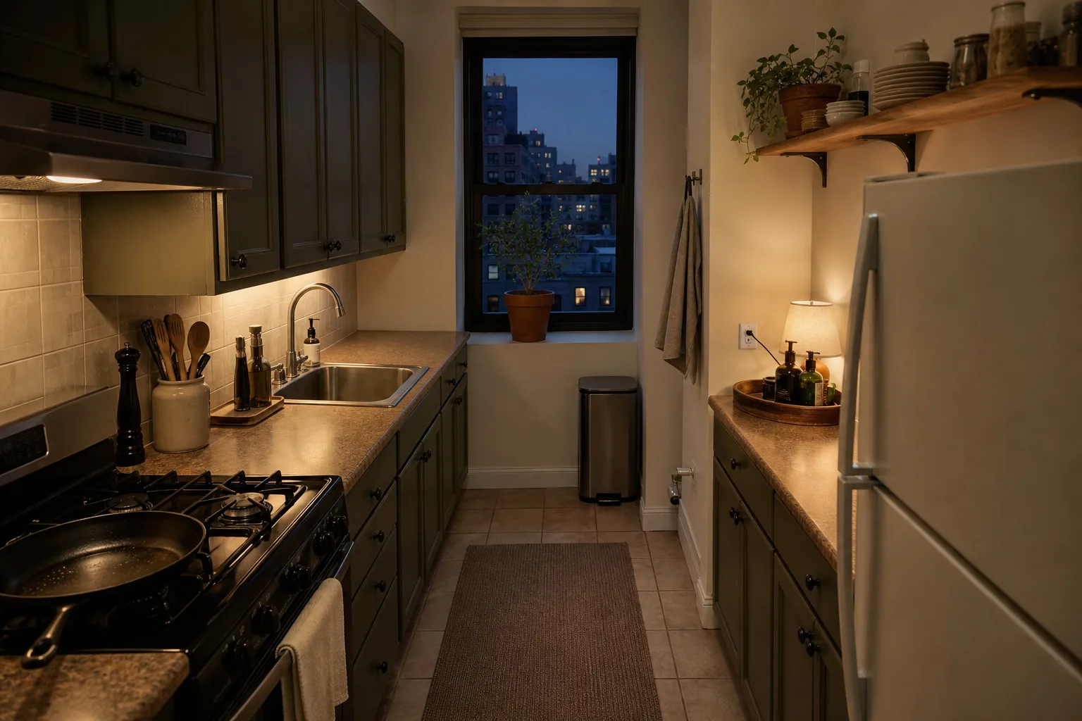 Small dark rental kitchen organized with a counter lamp runner tray and edited open shelf