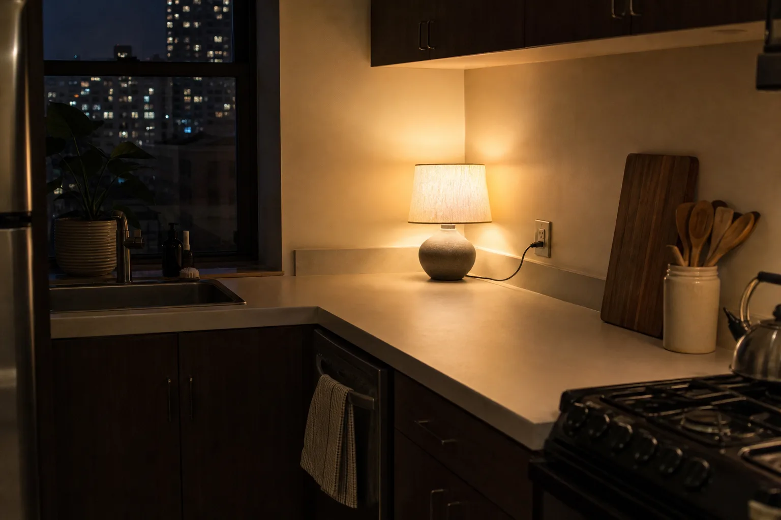 Compact shaded counter lamp in a dry corner of a small rental kitchen