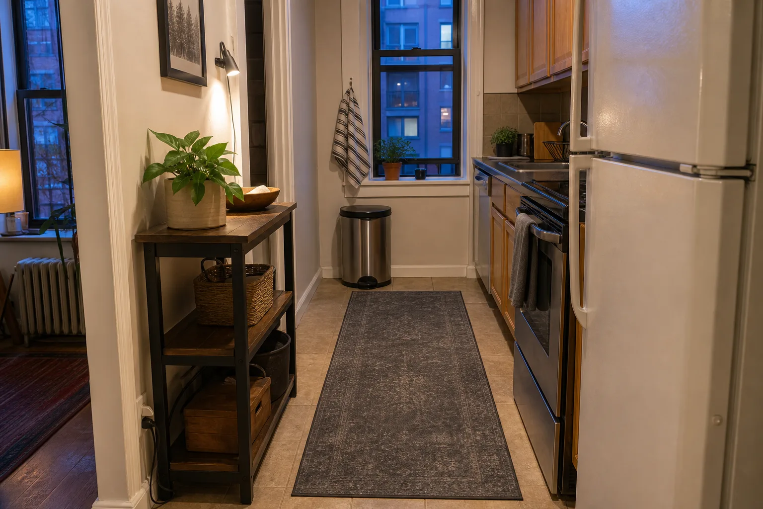 Low-profile washable runner fitted in a narrow rental kitchen aisle