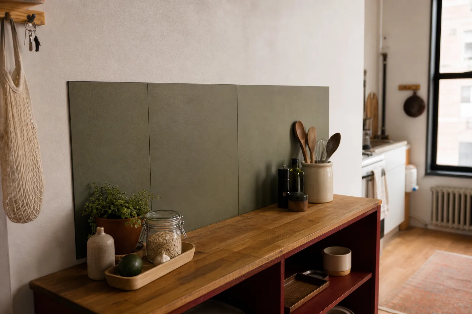 Removable dimensional backsplash on a short dry counter wall away from heat