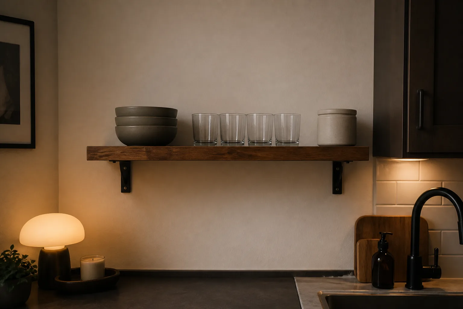 Edited kitchen shelf with bowls glasses and one closed container