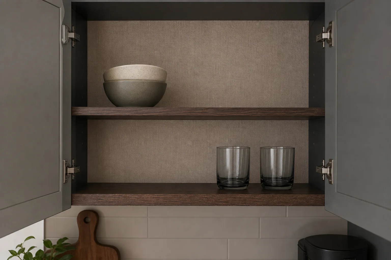 Rental cabinet with a subtle removable liner on the shelf back only