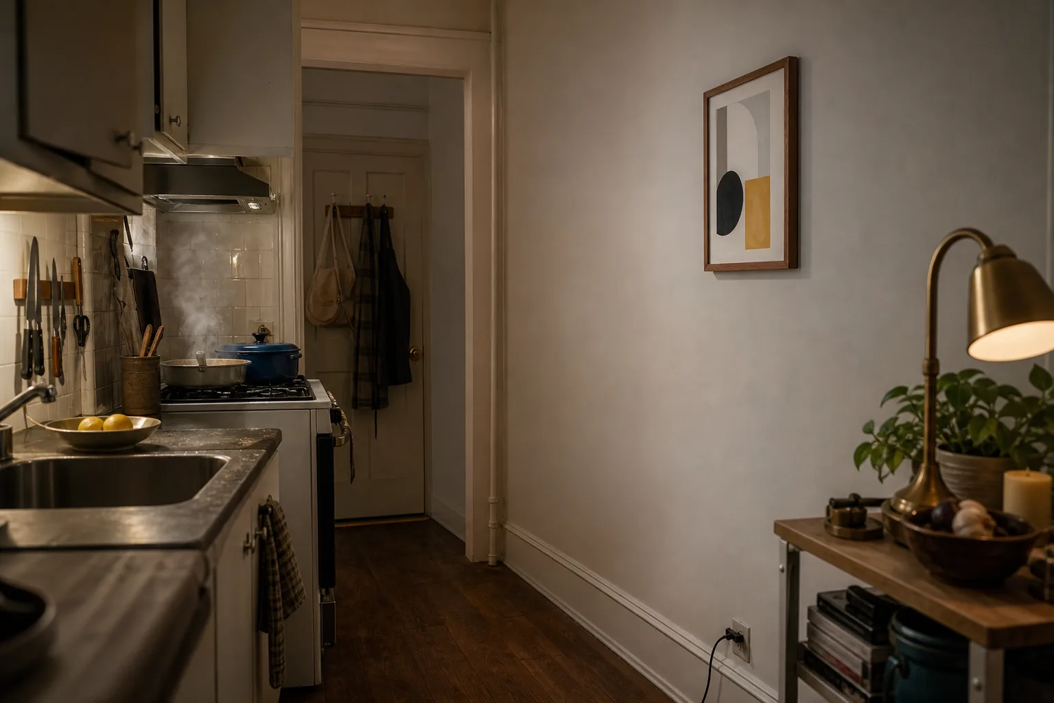 Small abstract artwork on a rental kitchen wall away from sink and cooktop