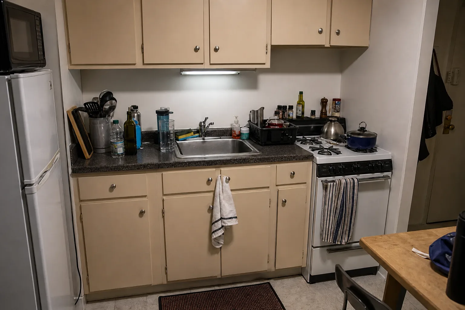 Small rental kitchen counter crowded with unrelated everyday items before editing