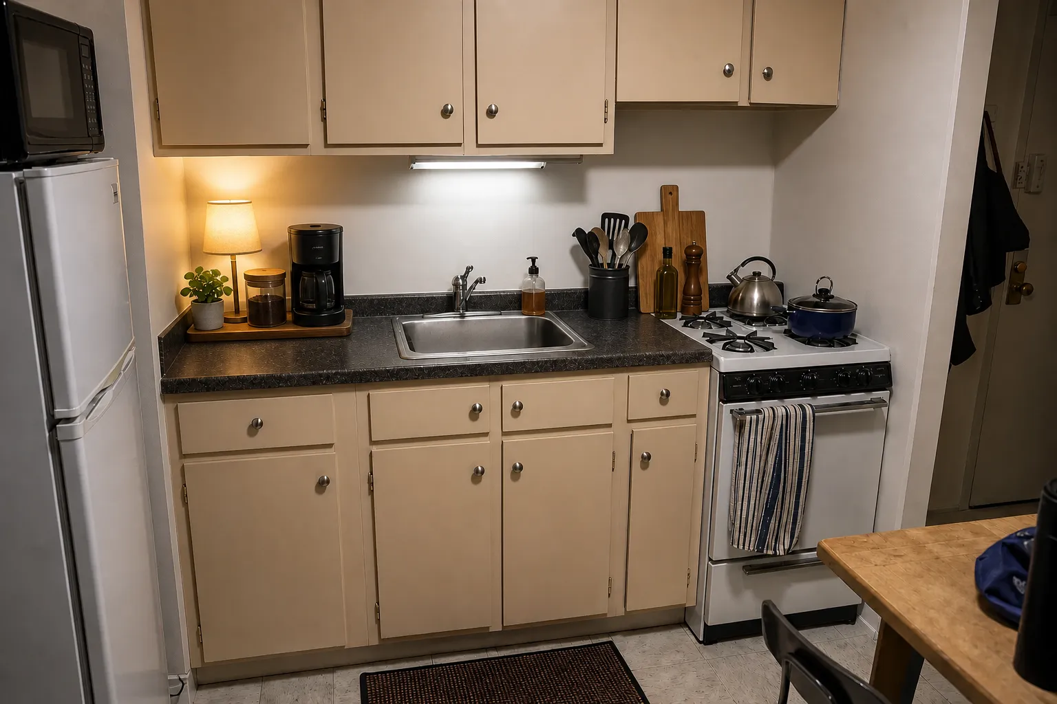 Same small kitchen counter edited into clear cooking and coffee zones