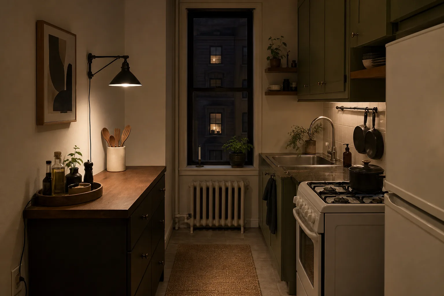 Finished small rental kitchen at night with warm light runner and restrained decor