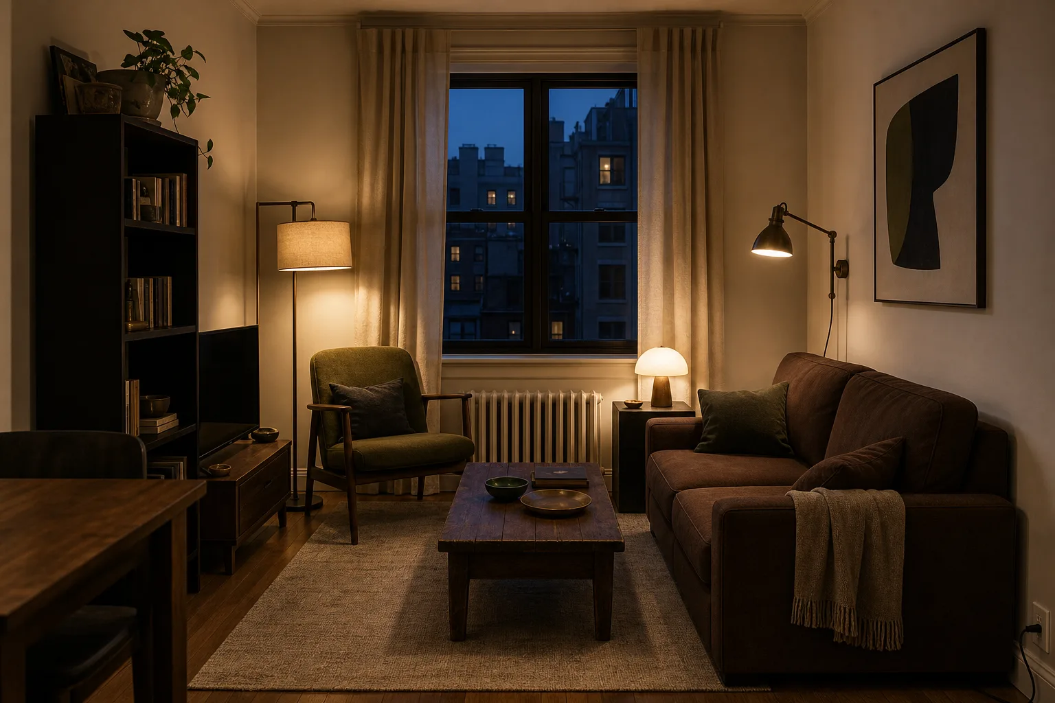 Tiny dark apartment living room with a correctly sized rug layered lamps and restrained decor