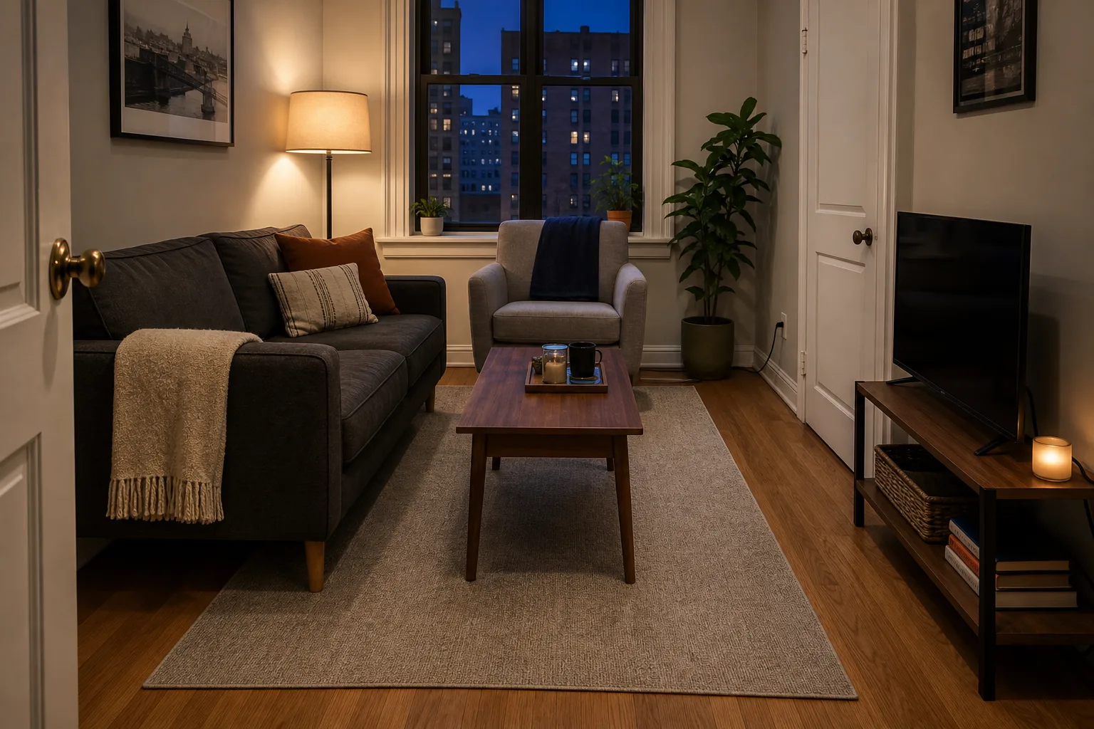 Compact sofa and chair visually connected by a correctly sized low-pile rug