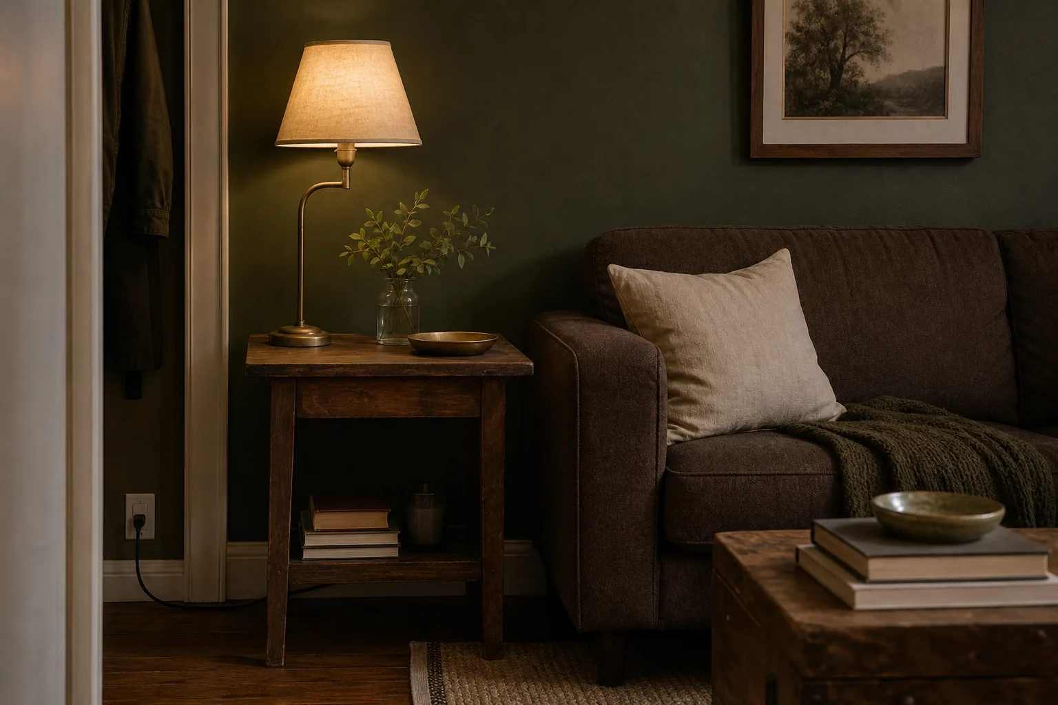 Tiny living room repeating worn wood warm ivory linen and aged brass details