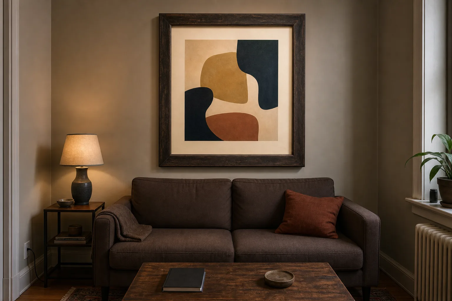 One medium abstract artwork in a deep wood frame above a compact sofa