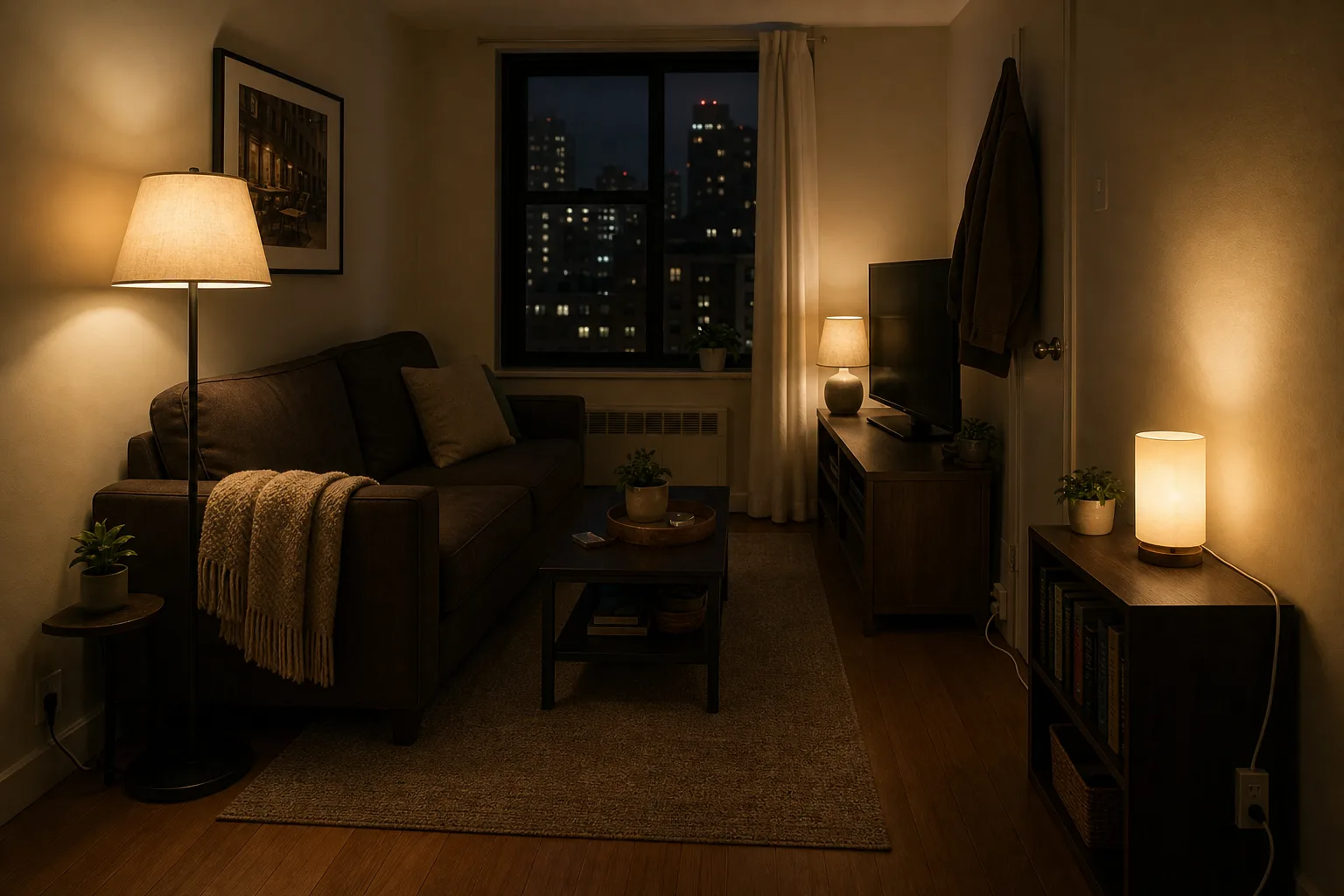 Tiny apartment living room with warm floor table and low shelf lights