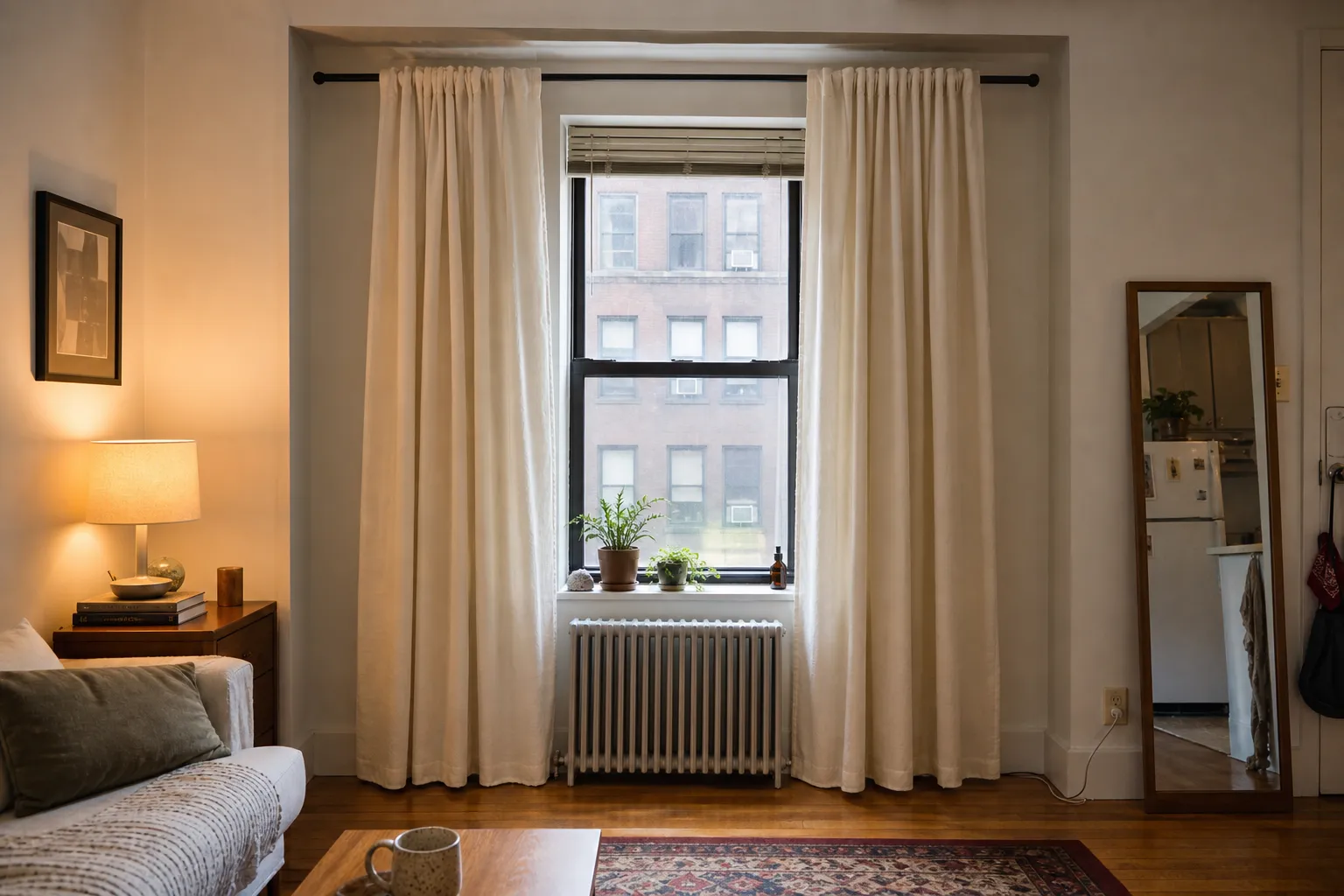 Lightweight full-length curtains framing a modest apartment window