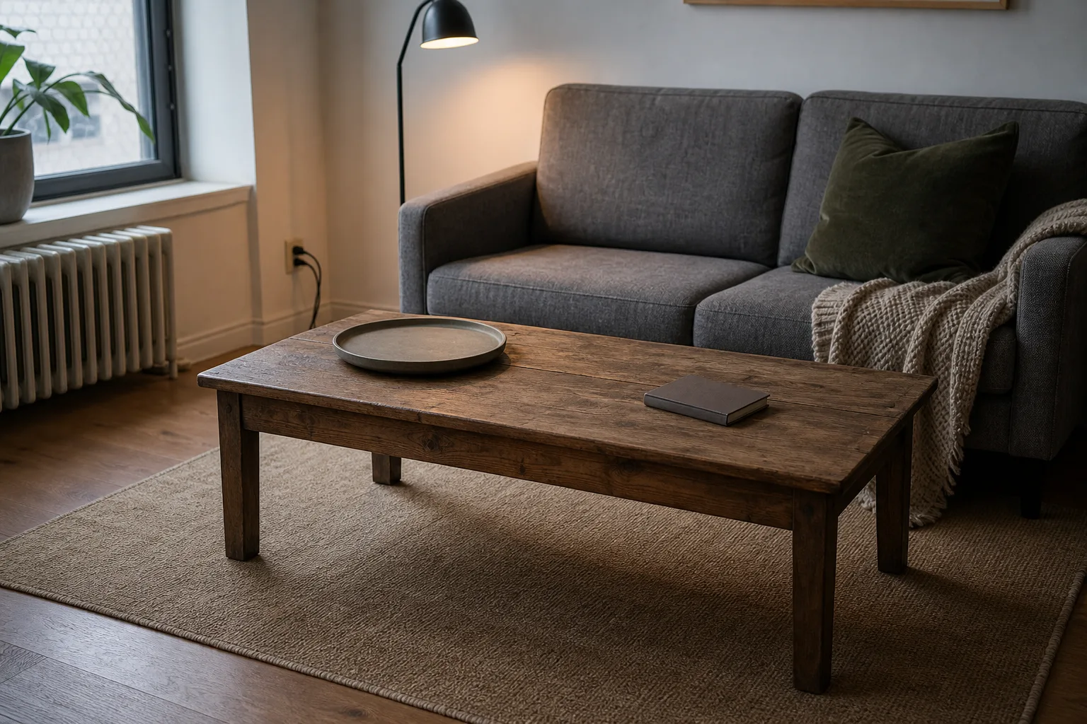 Simple wood coffee table with one tray useful object and open space