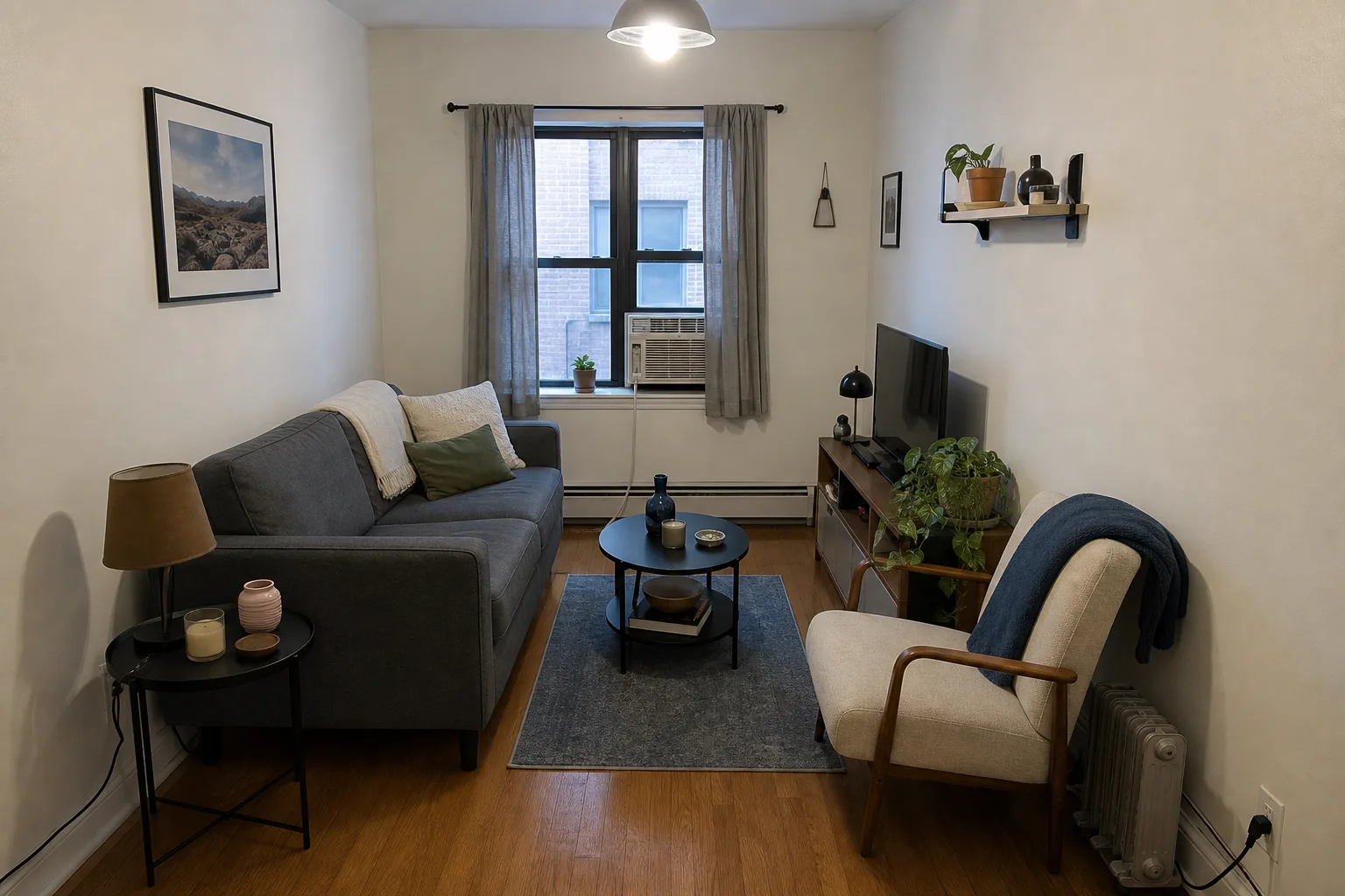 Tiny living room fragmented by a small rug harsh ceiling light and many accessories