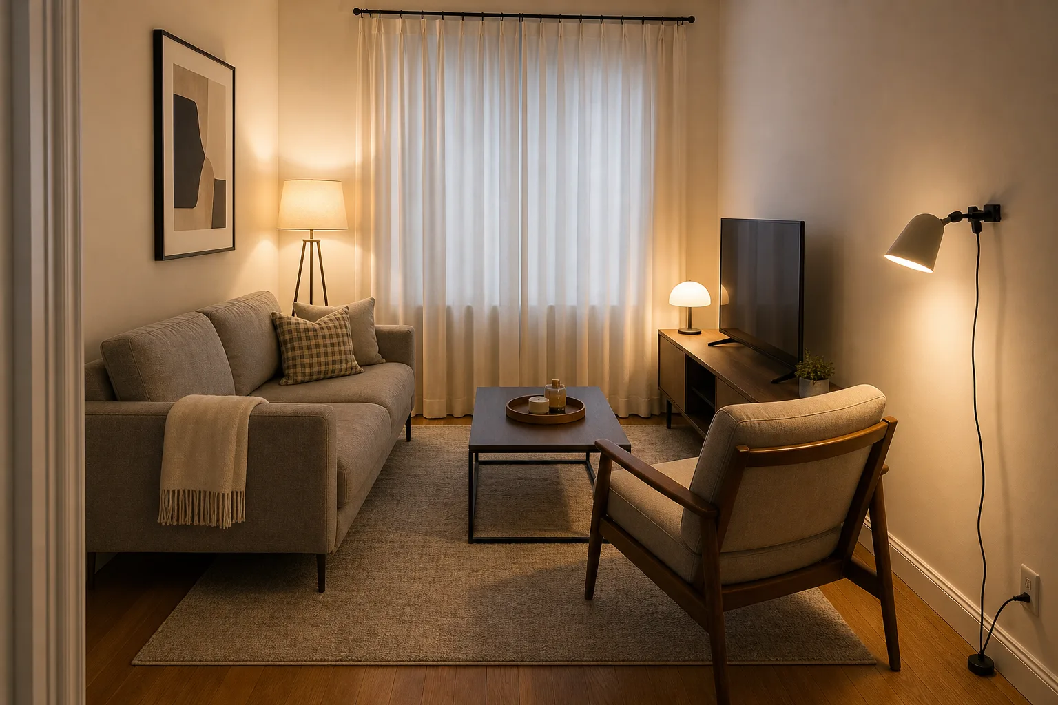 Same tiny living room unified by a larger rug layered light and edited surfaces