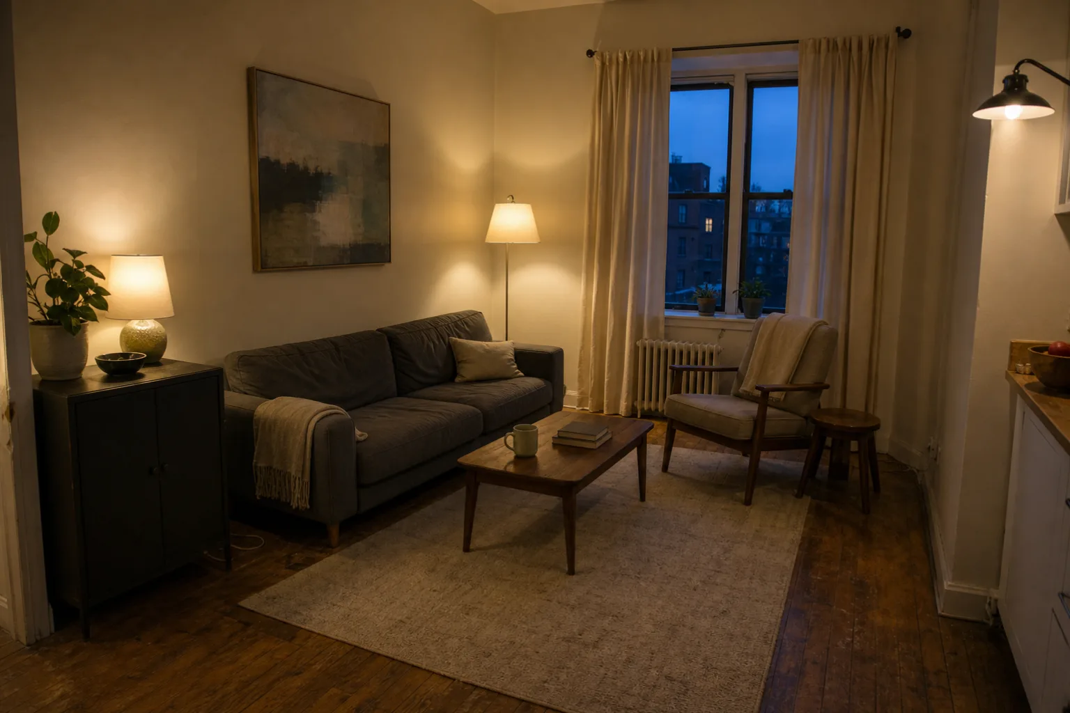 Finished tiny rental living room at blue hour with warm layered lamps