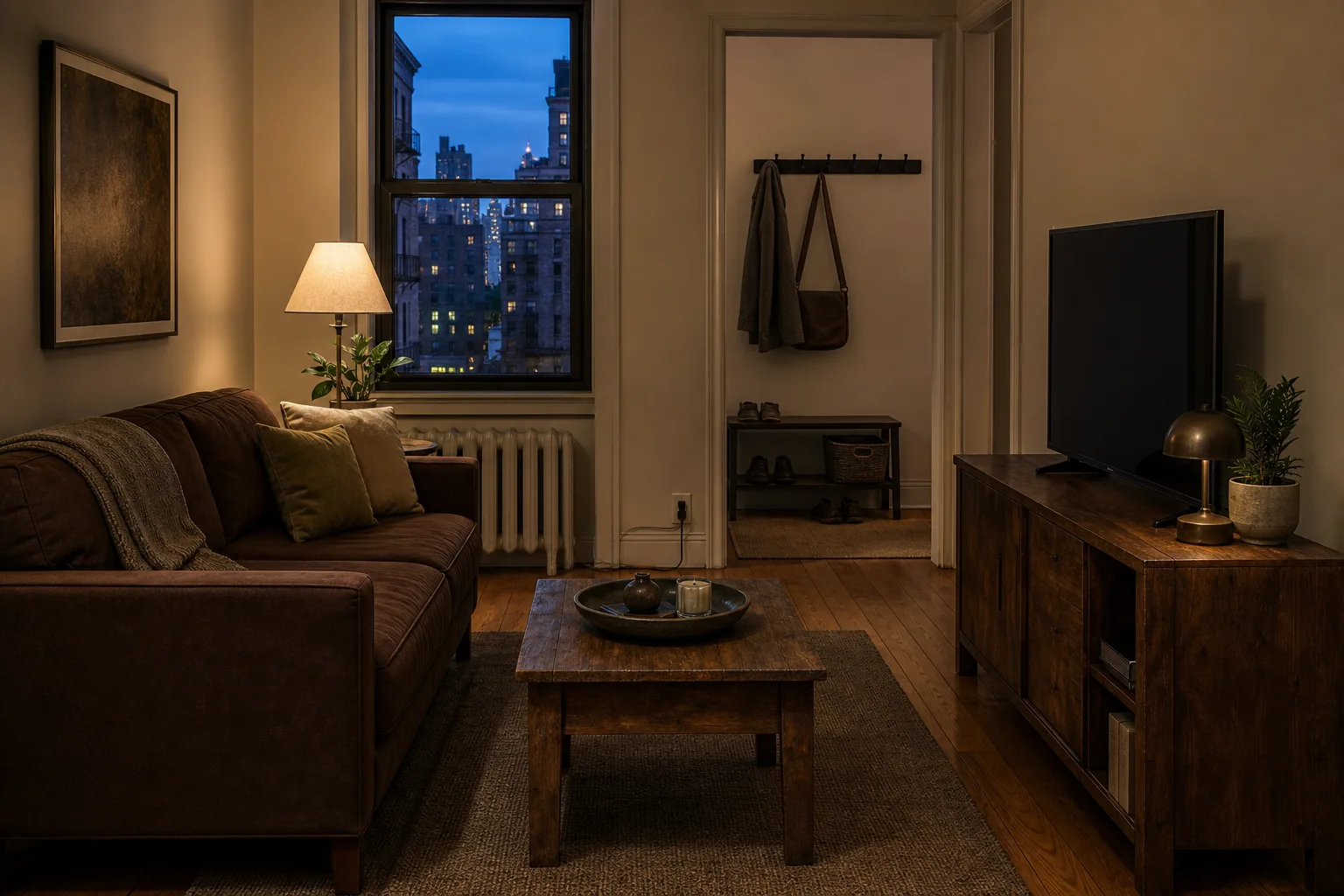 Small dark rental living room finished with a tray warm lampshade textile and entry hooks