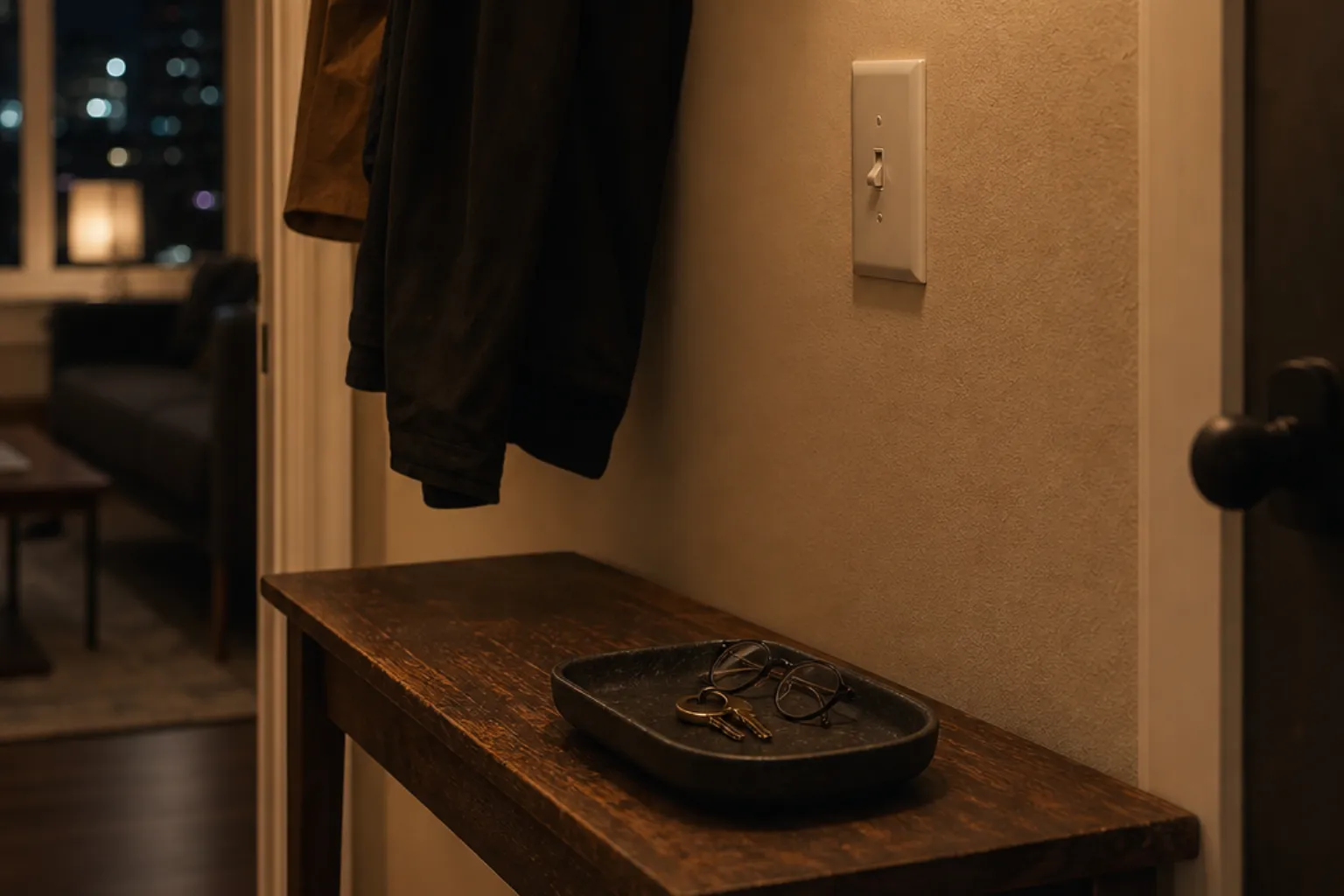 Dark wood entry console with a shallow tray beside a clean matching wall plate